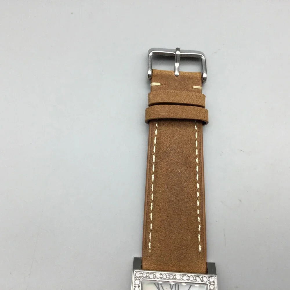 DMQ Square Watch Womens 28mm Silver Tone Crystals Tan Leather Strap New Battery